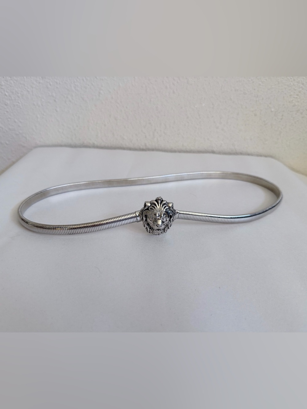 Vintage ACCESSOCRAFT NYC Lion Head Silver Tone Stretch Metal Belt 70s 80s